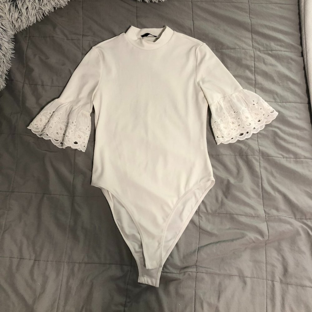 SHEIN White Mock Neck Bodysuit with Floral Sleeves